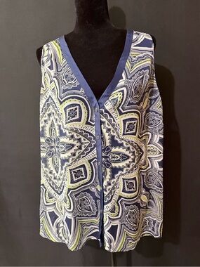 Tommy Bahama Navy, White and Lime Paisley Print Sleeveless Button-Front Camisole